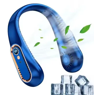 Produktbild von Tragbarer Nackenventilator, Flügelloser Ventilator, 5 Geschwindigkeiten, Digitalanzeige, 4‑Kanal Nackenventilator Blau