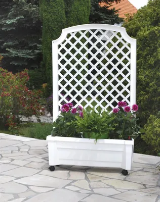 Produktbild von KHW Pflanzkasten "Calypso" mit Bewässerungssystem, Spalier und Rollen 79 cm x 35 cm x 134 cm, Farbe Weiß
