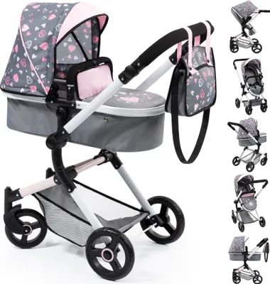 Produktbild von Bayer Design Kombi-Puppenwagen 18419AA Neo Vario mit Tasche, wandelbar als Jogger, verstellbarer Griff, integrierter Korb, grau, rosa mit Herzen