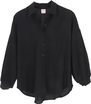 Produktbild von Boho Longbluse, Basic Oversize Baumwoll Bluse mit Langen Ärmeln - Schwarz, Damen, Baumwolle, Blusen & Tunikas