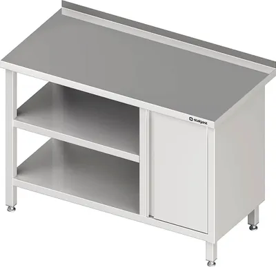 Produktbild von Arbeitstisch mit Grund- und Zwischenboden, 1700x600x850 mm, mit Flügeltürschrank rechts, mit Aufkantung, verschweißt