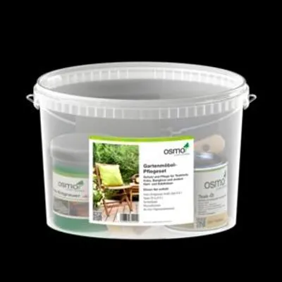 Produktbild von OSMO Teakholz Pflegeset, Holzentgrauer Reiniger, Hartholz Spezialöl Spray, Schleifvlies, Wurzelbürste, Gartenmöbel Terrassen Holzschutz Pflegemittel