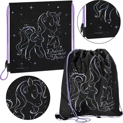 Produktbild von Einhorn holo schwarzer Turnbeutel, 39x33 cm STARPAK