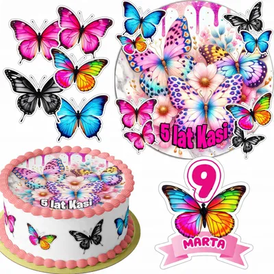 Obrázek produktu pro Zestaw Opłatek Na Tort 20Cm + 16 Postaci - Motyl + Imię 15Cm 18Cm