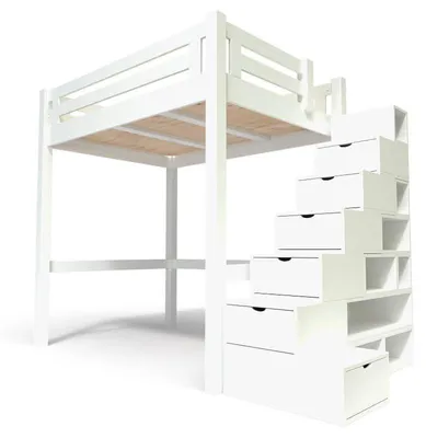 Produktbild von Hochbett in holz 160x200 Alpage mit treppenregal - Weiß