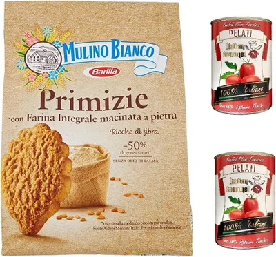 Produktbild von Mulino Bianco Kekse Primizie 700g Italien biscuits cookies kuchen brioche + Italian Gourmet 100% italienische geschälte Tomaten dosen 2x 400g