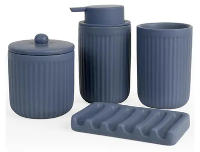 Immagine prodotto di Set da bagno in Vetroceramica, blu, composto da 4 pezzi: dispenser per sapone, portaspazzolino, saponiera e contenitore per Cotone fioc