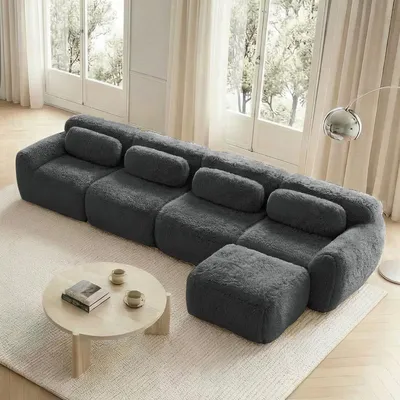 Produktbild von MODFU 4-Sitzer Ecksofa,Modulares Sofa mit Geschwungene und 1 Ottoman,L-förmiges Relaxsofa mit Rutschfester Boden & Kissen,Plüschstoff,Grau