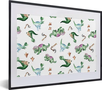 Produktbild von MuchoWow® Gerahmtes Poster Dinosaurier - Muster - Kinderzimmer - Jungen - Mädchen - Kinder 40x30 cm - Poster mit Schwarzem Bilderrahmen Wandposter Rahmen Foto Bilder - Bilderrahmen - Poster im Rahmen