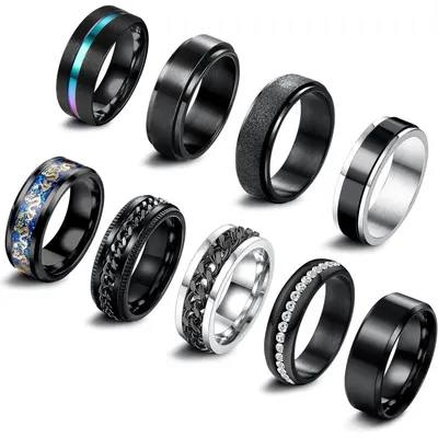 Immagine prodotto di Set di 9 anelli in acciaio inossidabile da uomo, adatti per fidget spinner, con design vintage, sigilli e fasce, nei colori nero e argento, taglia 65