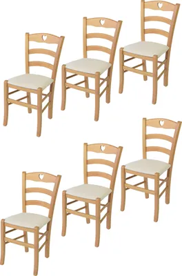 Produktbild von t m c s Tommychairs - 6er Set Stühle CUORE für Küche und Esszimmer, Robuste Struktur aus lackiertem Buchenholz im Farbton Naturfarben und gepolsterte Sitzfläche mit Stoff in der Farbe Elfenbein bezogen