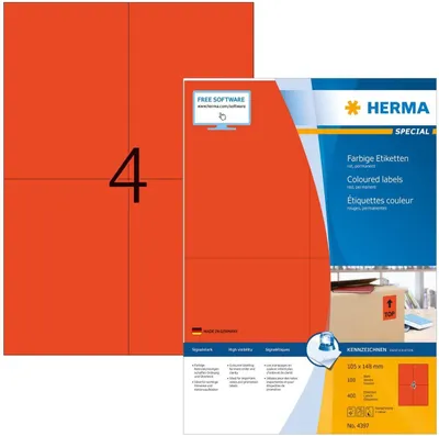 Obrázek produktu pro HERMA 4397, Červená, Samolepicí štítek, A4, Papír, Laserová/inkoustová tiskárna, Permanentní