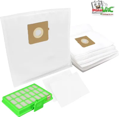 A collection of vacuum cleaner bags and a filter are displayed on a white background.