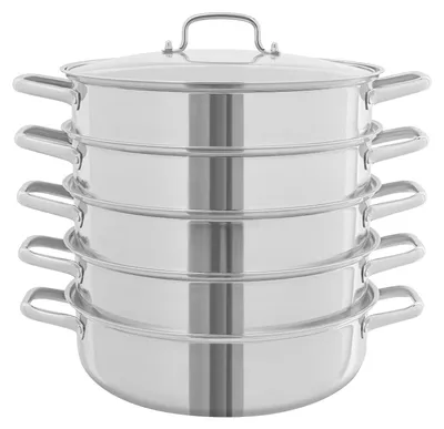 Produktbild von Dampfgarer Topf - 5-stöckiger Dampfaufsatz 32 cm - 304 Edelstahl - 4 Dampfeinsätze - Glasdeckel - für Fleisch und Gemüse - Silber
