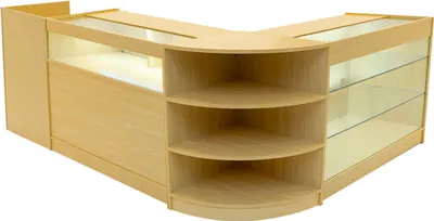 Produktbild von Ahorn Ladenthekenset Hyperion mit LED-Beleuchtung – K1200 B1200 LM60 TB60 – Abschließbare Schiebetüren, Schlüssel, 3 Verkaufseinheiten, Kassenblock, Glas-Vitrinen, Ecktheke