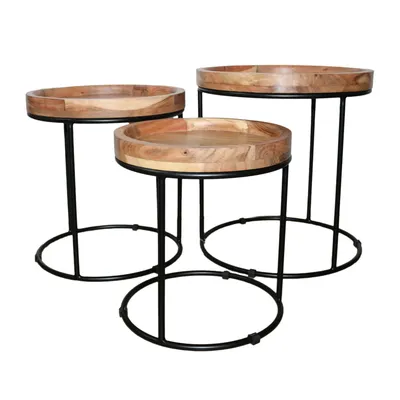 Produktbild von Beistelltisch Set 3-teilig Mangoholz Metall – Blumenbank Pflanzenständer Couchtisch Set rund Wohnzimmertisch Massivholz Sofatisch