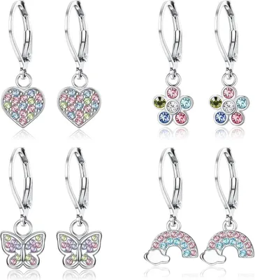 Produktbild von 4Paar Ohrringe Mädchen Kinder Zirkonia Herz Blume Stern Schildkröte Hängend Set
