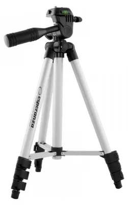 A silver and black tripod is shown against a white background.