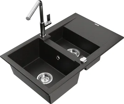 Produktbild von Mexen Gaspar 1,5-Becken-Granitspüle mit Abtropffläche und Mischbatterie Flora, Schwarz/Gold metallisch - 6507-75-670401-00