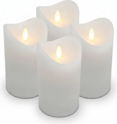 Four white LED candles with flickering flames are arranged in a group on a white background.