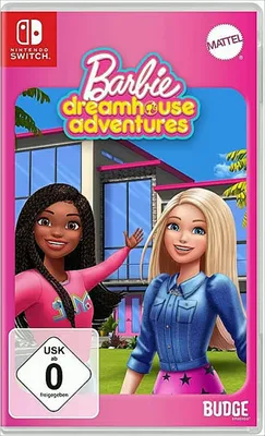 The image shows the front cover of a Nintendo Switch game case for Barbie Dreamhouse Adventures.