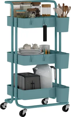 Produktbild von Hilfswagen mit Rollen, multifunktionaler Aufbewahrungswagen mit Haken und H?ngeboxen, 42 x 38 x 86,5 cm, blaugrš¹n