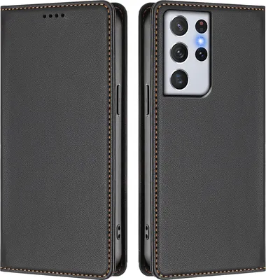 Produktbild von Handyhülle für Samsung Galaxy S21 Ultra 5G, Kunstleder Klapphülle Stoßfeste Magnetische Hülle mit Ständer Schwarz