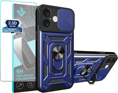 Produktbild von Armor Handyhülle für Apple iPhone 16 mit 9H Displayglas Displayschutz Kameraschutz Handy Panzer Case Cover Schutzhülle Outdoor Farbe: Blau