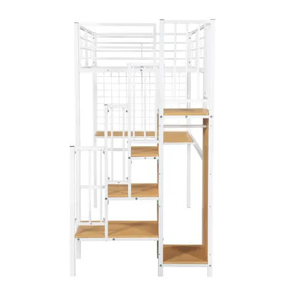 Produktbild von Flieks Etagenbett 90x200cm mit L-förmigem Schreibtisch und Eisengitterregal, Hochbett mit Treppe und Garderobe, Kinderbett Metallbett Einzelbett, Weiß