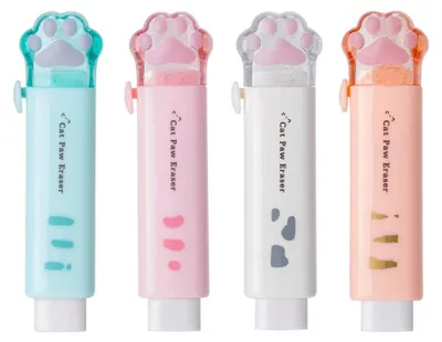 Obrázok produktu pre 4 gumičky v tvare labky – netoxické – ľahké – gumičky, ktoré sa dajú stiahnuť – vhodné pre deti – ideálne na používanie v škole – gumičky