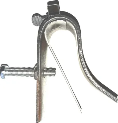 A metal clamp with a bolt and wingnut, isolated on a white background.