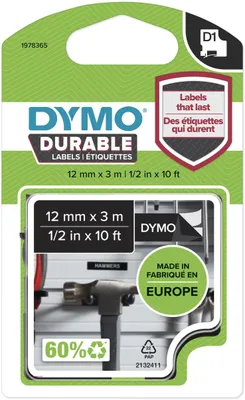 Obrázok produktu pre DYMO D1 -Durable Labels - White on Black - 12mm x 3m, Biela na čiernej, Čierna, Vinyl, Belgicko, -40 - 80 °C, DYMO
