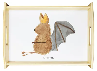 Produktbild von Mr. & Mrs. Panda Serviertablett Fledermaus Sitzen - Weiß - Geschenk, Tablett, Motivation, holz, Entspannen, couchtablett, Lustige Sprüche, Dekotablett, Fledermäuse