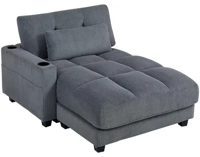 Immagine prodotto di Divano chaise longue - Divano letto 2 posti - Rivestimento in velluto - Bracciolo sinistro/destro - Portabicchieri - Cuscino lombare - Grigio scuro