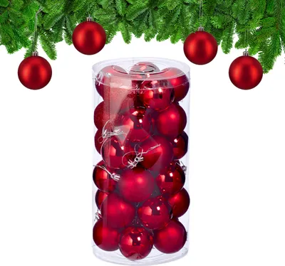 Imagen del producto de Relaxdays, juego de 30 bolas navideñas, plástico, diámetro: 6 cm, adornos redondos para el árbol de Navidad, decoraciones para el árbol resistentes a roturas, color rojo