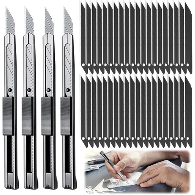 Immagine prodotto di Set di 4 coltelli da taglio professionali da 9 mm, con 40 lame intercambiabili a 30° in acciaio SK5, colore nero
