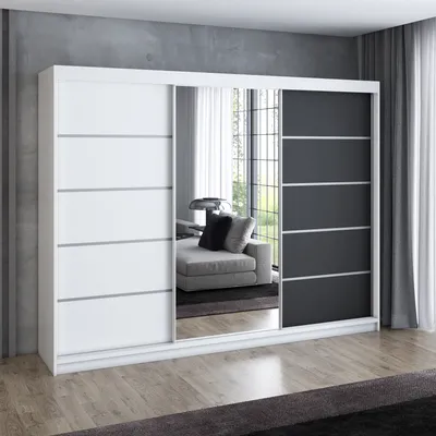 A modern sliding door wardrobe with a mirrored section, set against a grey wall and wooden floor.