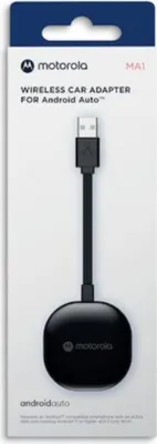 The image shows the retail packaging of a Motorola MA1 Wireless Car Adapter for Android Auto.