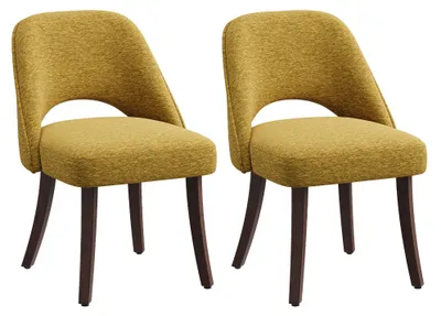 Productafbeelding van Set van twee moderne eetkamerstoelen in mid-century stijl, met massief houten poten, een beklede zitting en een ergonomisch gebogen rugleuning, in de kleur geel