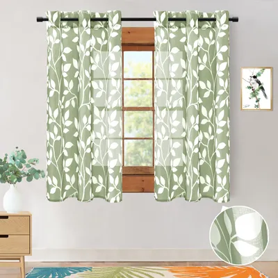 Immagine prodotto di Tende trasparenti con passanti, color salvia, motivo floreale, 140x175 cm, set da 2, ideali per decorare finestre di soggiorno o camera da letto