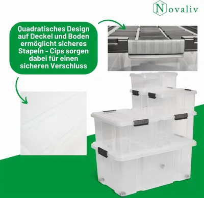 Image de Novaliv Boîte de rangement avec couvercle 27L transparente Nestbar boîte plastique empilable avec fermeture à clip Eurobox boîte plastique sans BPA 46,5x36,5x24 cm