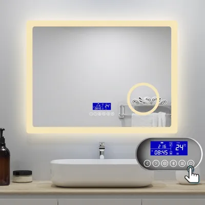 Produktbild von AICA LED Badspiegel mit Bluetooth 100x60cm Uhr Beschlagfrei Badezimmerspiegel 3 Lichtfarbe Dimmbar 3-Fach Vergrößerung Schminkspiegel