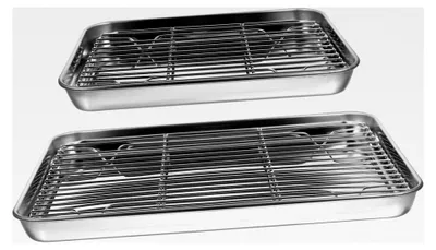 Produktbild von 2 Stück Edelstahl Ölablagebehälter mit Netzgestell für Küche und Grill, rostfrei, glänzend poliert, platzsparend und leicht zu reinigen