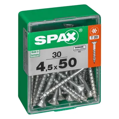Produktbild von 30er-Pack SPAX-Stahlschrauben mit flachem Senkkopf, Durchmesser 4,5 mm x Länge 50 mm