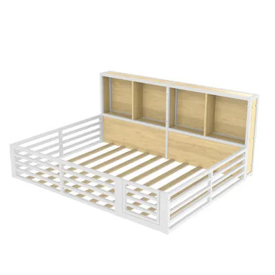 Produktbild von Flieks Kinderbett Doppelbett 140x200cm mit Regal und Tür, Bodenbett Metallbett mit Led, Kinderbett mit Lattenrost und Rausfallschutz, Weiß
