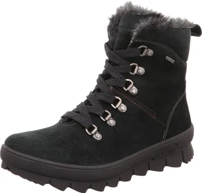 A black winter boot with laces and fur trim.