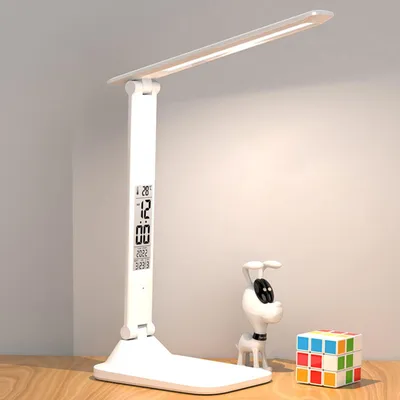 Image de Lampe de bureau LED à 3 couleurs, douce pour les yeux, lampe de chevet - intensité réglable avec horloge, calendrier et affichage de la température, pliable, sans fil