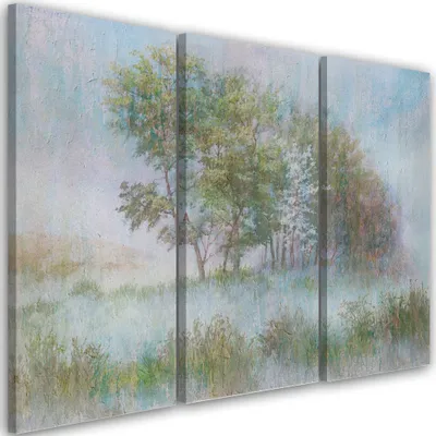 Produktbild von Triptychon auf leinwand bäume auf einer nebligen wiese 120x80 cm Feeby grün wandbild bereit zum aufhängen