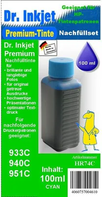 Produktbild von HR74C - cyan- Dr.Inkjet Premium Nachfülltinte in 100ml für Ihren HP Drucker