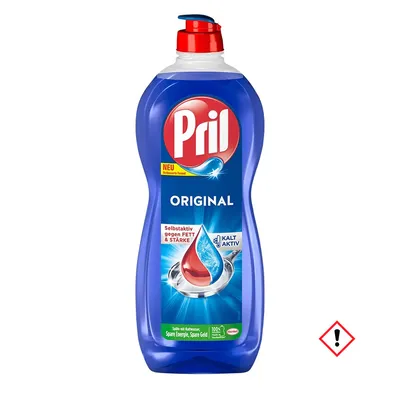 A bottle of Pril Original dish soap against a white background.